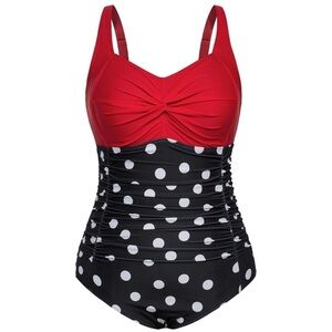 HANNA NIKOLE Tummy Control Twist Front Ruched Push Up polkadot Swimwear - 22W